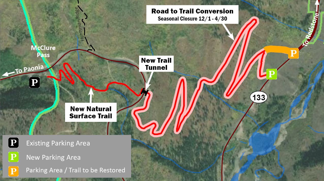 map of new  McClure Trail with callouts for parking and the tunnel