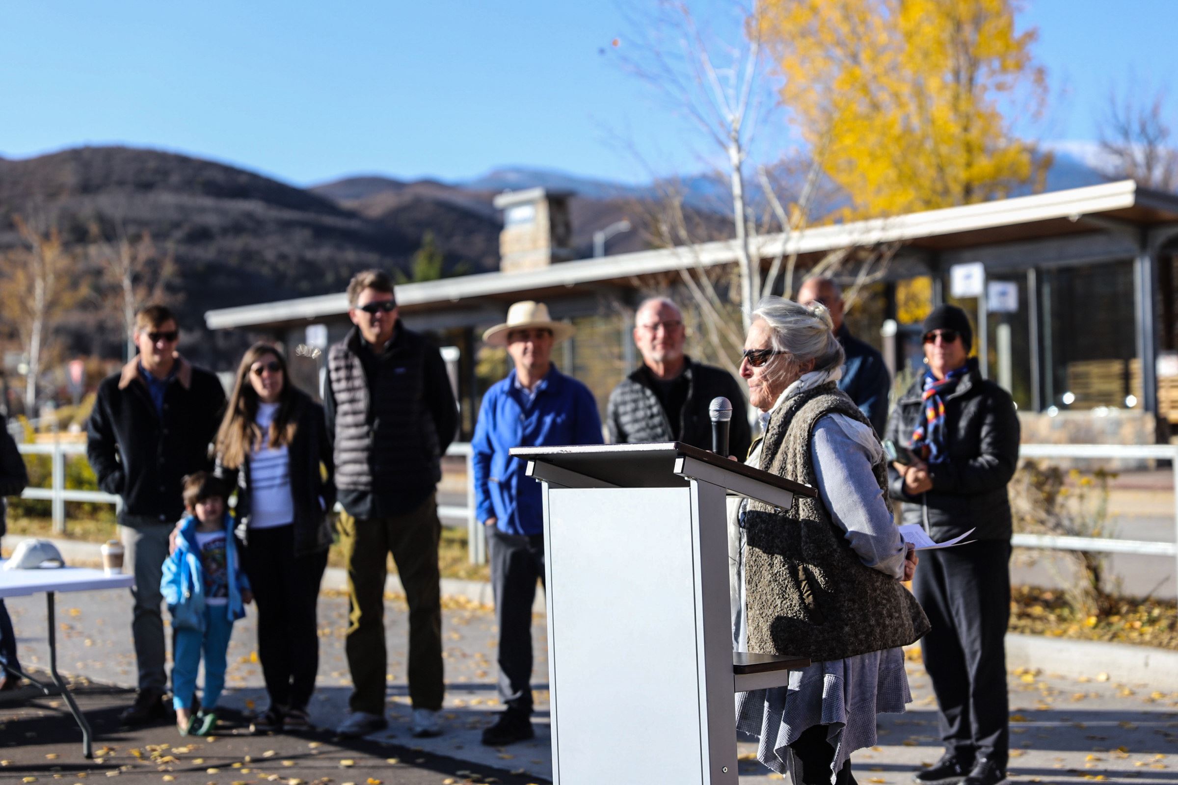 BOCC Chair Francie Jacober speaks at a ribbon cutting event at the Intercept Lot.