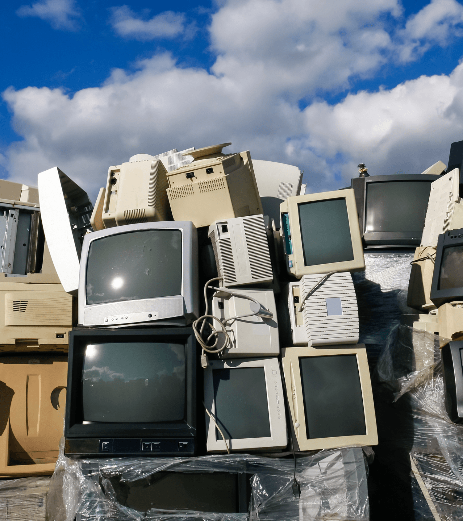 Electronic waste being palletized for off-site recycling