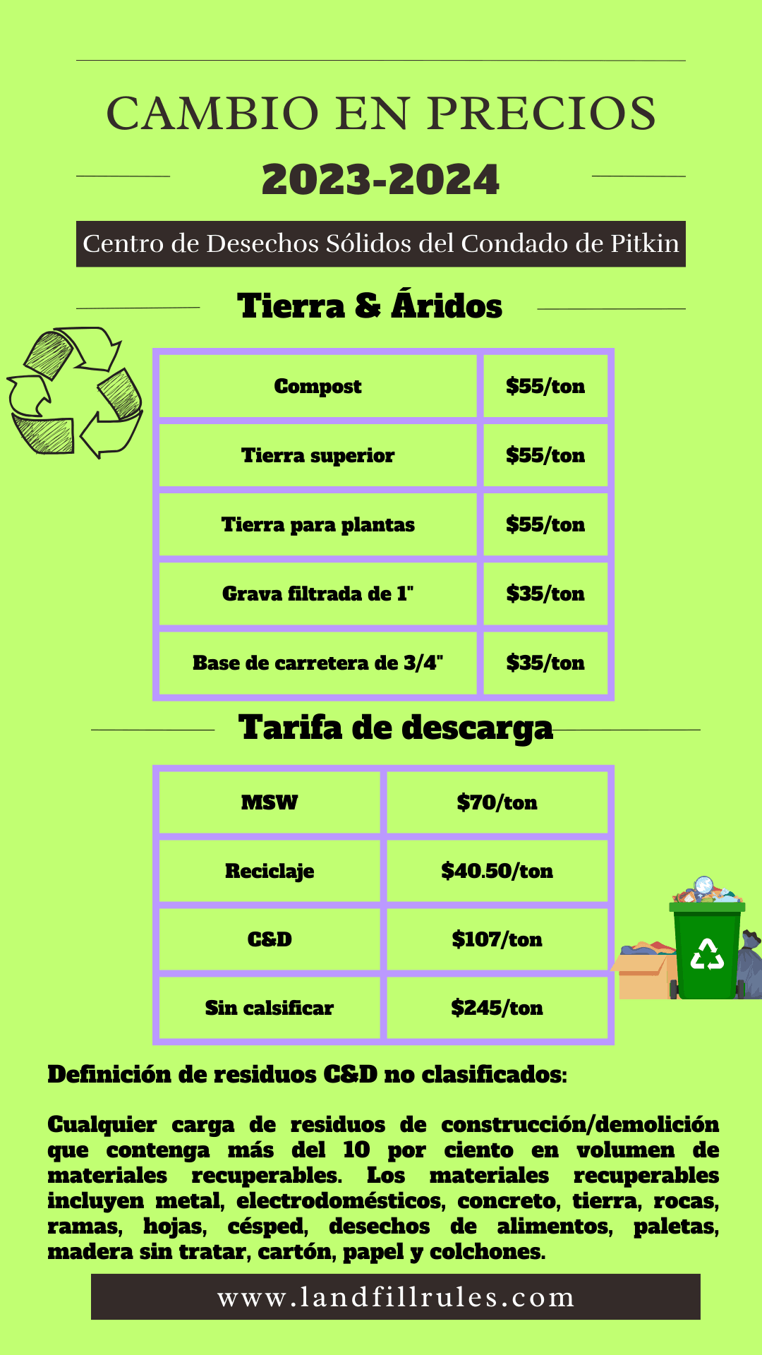 2024 service rates at the landfill in Spanish